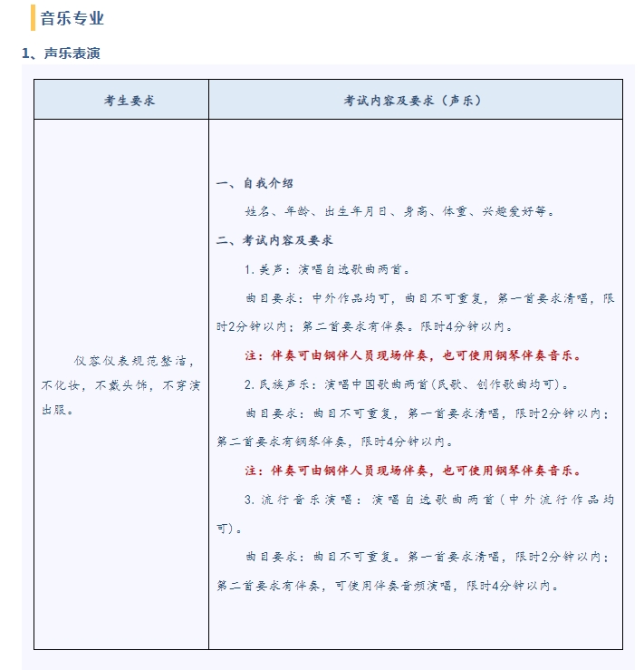 沈阳民族艺术学校声乐表演专业考试内容及要求